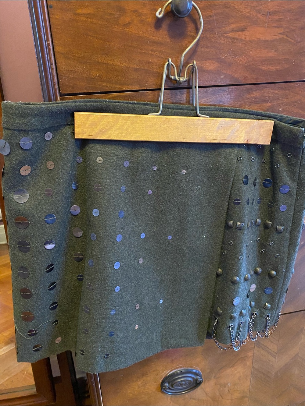 Nanette Lepore Olive Green Wool Skirt with Eyelet & Chain Trim
